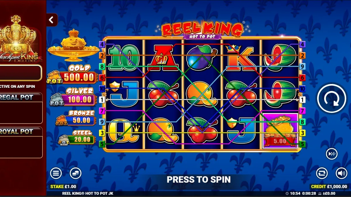 Tampilan visual slot Reel King Hot to Pot dengan nuansa kerajaan dan buah klasik