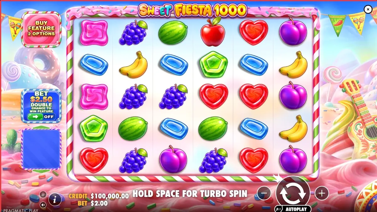 Tampilan visual slot Sweet Fiesta 1000 dengan tema karnaval Meksiko dan permen warna-warni