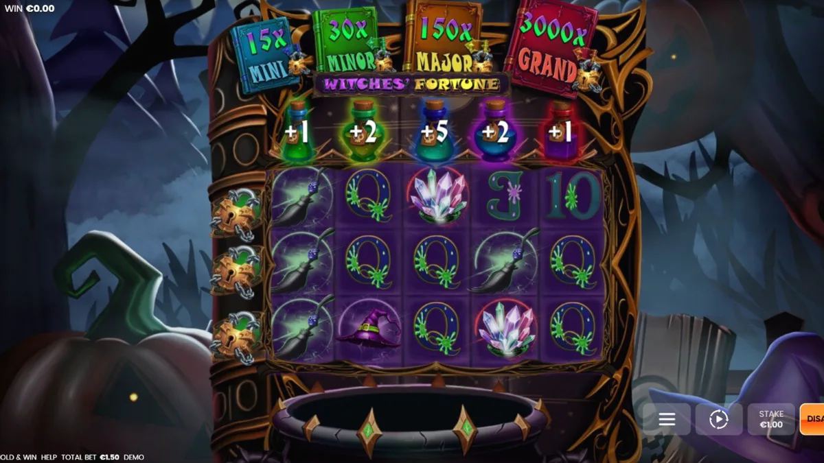 Tampilan visual slot Witches’ Fortune: Hold & Win dengan tema penyihir dan kuali ajaib